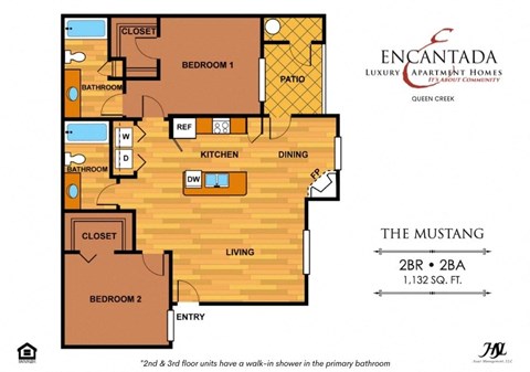 Mustang floor plan with a bedroom, bathroom and living room at the Encantada Queen Creek apartments picture of a floor plan of a house